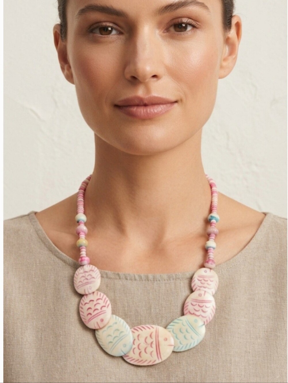 Vintage Carved Bone Fish Statement Necklace | Boho Tribal Pink, Green, & White